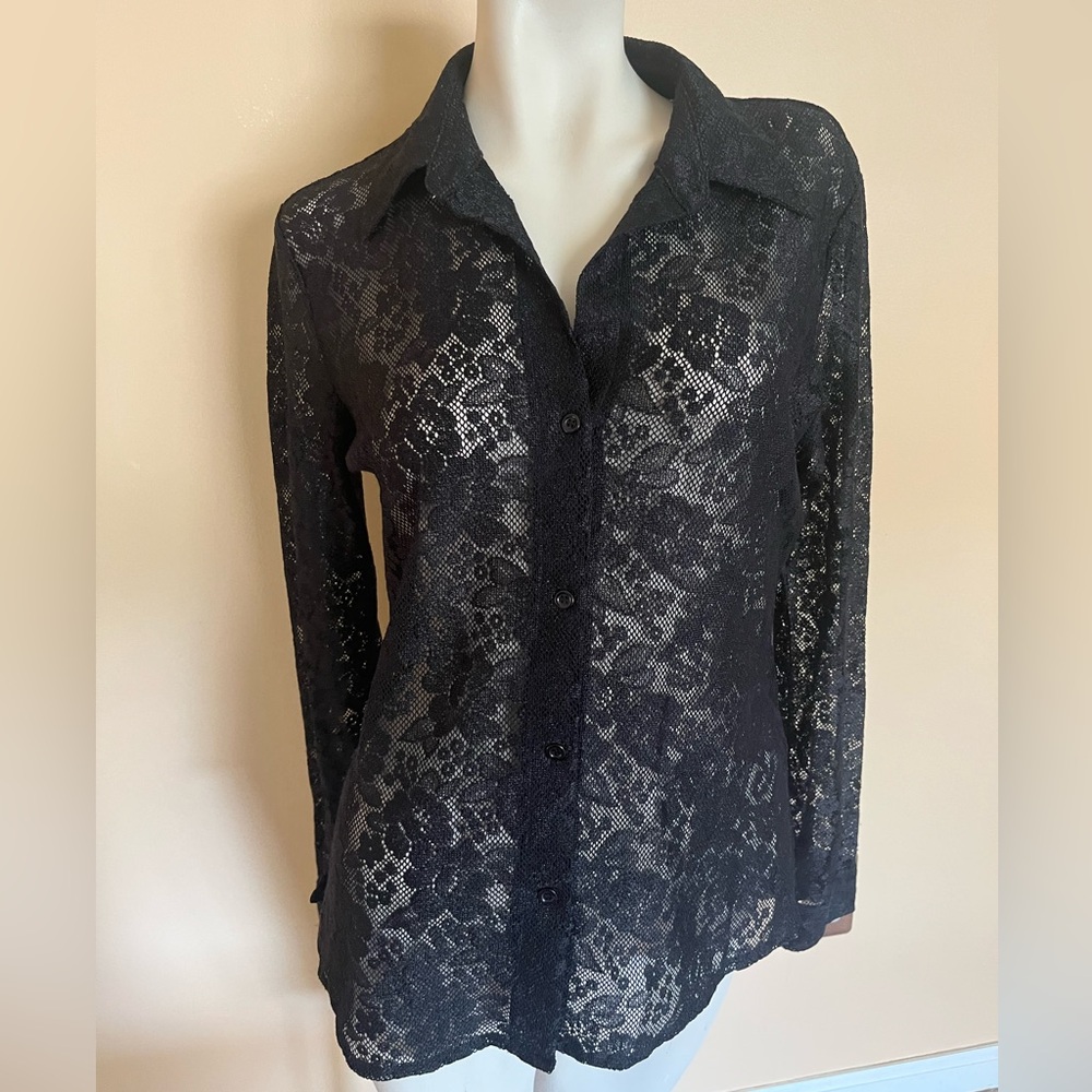 New York & Company Black Lace Button-Down Shirt